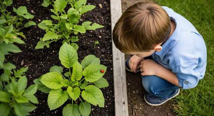 Young boy curiously observing a ladybug on a green leaf in a raised garden bed.