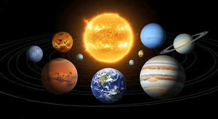 Bright sun center with eight orbiting planets arcing around a dark cosmic backdrop and icy rings.!