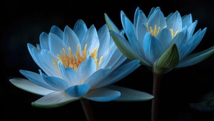 Two vibrant, light-blue water lilies, close-up, against a dark background