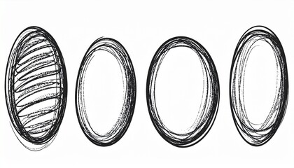 Hand-drawn black oval frames and scribbles on white background, set of four unique doodle shapes for design elements, borders, and text emphasis.