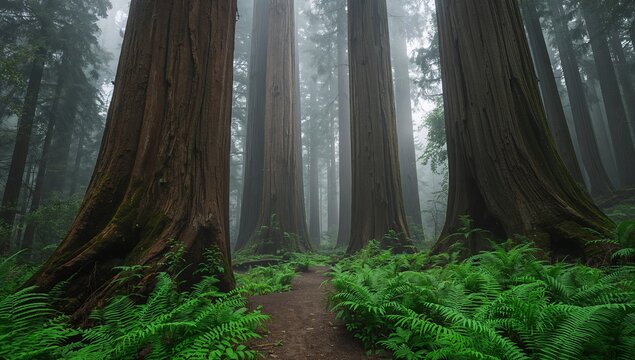 Majestic redwood trees stand tall in a misty ancient forest path.