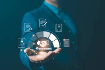 Businessman holding digital procurement icon with handshake and document management system, representing contract agreement, supply chain, e-procurement, and corporate business process efficiency.