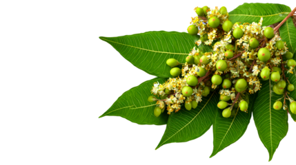 Green fruit and flower cluster on large tropical leaves