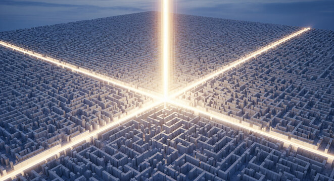 Bright light beam illuminates complex abstract maze with glowing paths and solution