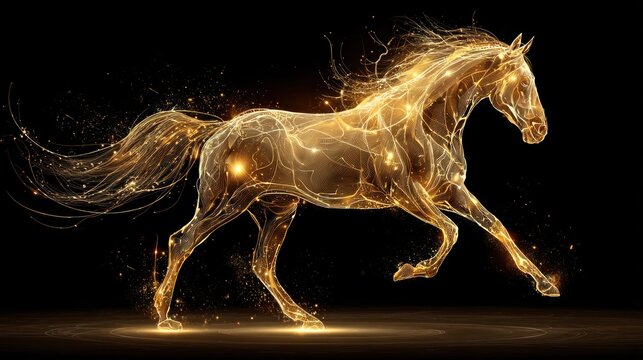A golden horse with flowing mane and tail, running on a black background with glowing lights, showcasing its intricate structure and dynamic motion.