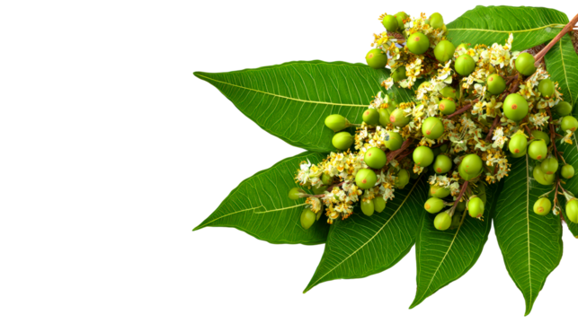 Green fruit and flower cluster on large tropical leaves