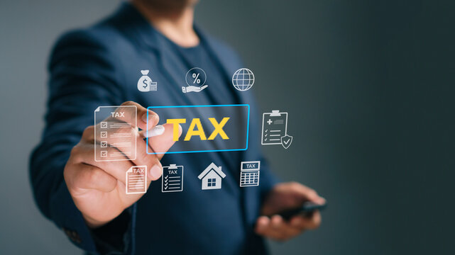 Businessman using digital tax interface with financial icons representing accounting management, finance planning, income tax, business payment system, and financial technology innovation concept.