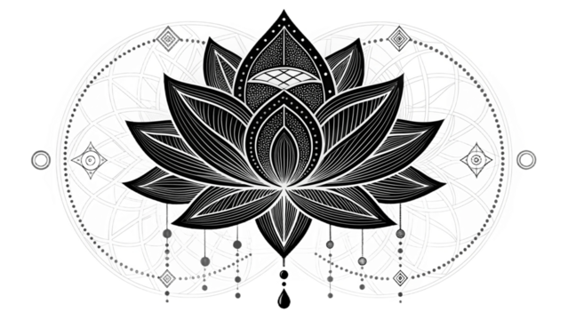 A detailed black and white lotus flower design with geometric patterns and hanging embellishments