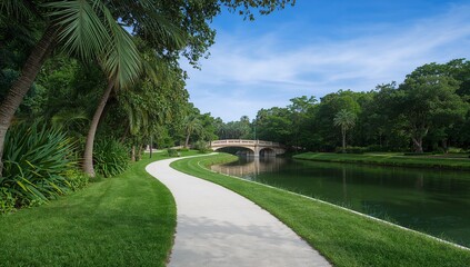 Serene park pathway with tropical trees, river, and arched bridge