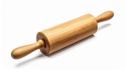 Classic wooden rolling pin for baking and pastry making, isolated on a clean white background with subtle shadow. Essential kitchen tool for dough preparation.