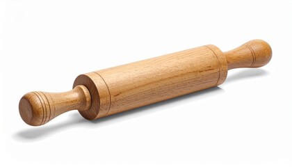 Classic wooden rolling pin for baking and cooking, isolated on a clean white background with subtle shadow. Perfect for kitchen, pastry, and food-related designs.