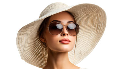 Woman wearing wide-brimmed straw hat and aviator sunglasses