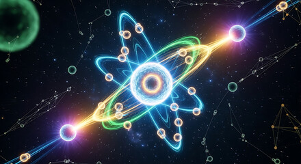 Vivid neon atom with glowing orbiting electrons amid a starry cosmic space, radiant and vivid alive!