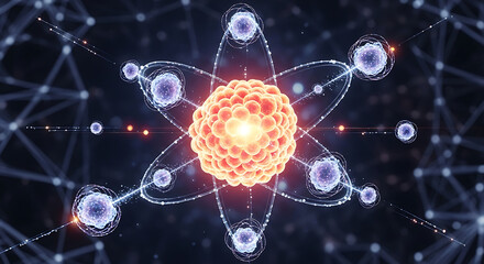A glowing atomic nucleus with orbiting electrons set against a dark, networked grid radiates softly