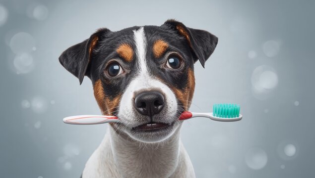 Puppy holding a toothbrush promoting good pet health care habit