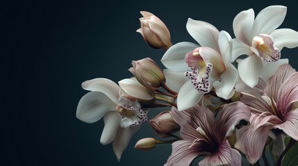 A beautiful arrangement of white orchids and lilies with pink and purple accents, set against a dark background with soft lighting.