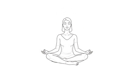Illustration of a simple line drawing of a woman meditating in a lotus position, isolated on a transparent background