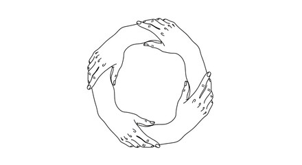 Illustration of a circular arrangement of hands, symbolizing unity, connection, and teamwork, isolated on a transparent background