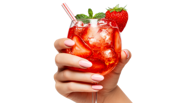 Hand holding refreshing strawberry cocktail with ice and mint - Powered by Adobe