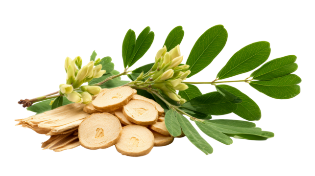 Dried Licorice Root Slices and Fresh Green Leaves - Powered by Adobe