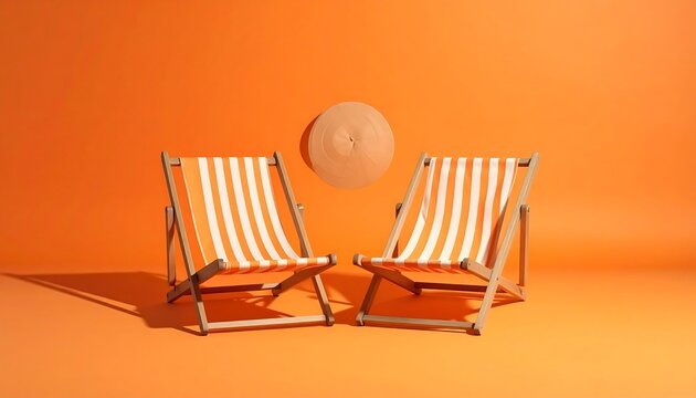 Two deck chairs with an umbrella in front of a bright orange background