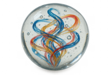Glass paperweight encapsulating swirling colorful threads and bubbles, creating an abstract and decorative art object