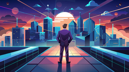 Businessman Overlooking Futuristic City at Sunset