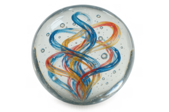 Glass paperweight encapsulating swirling colorful threads and bubbles, creating an abstract and decorative art object