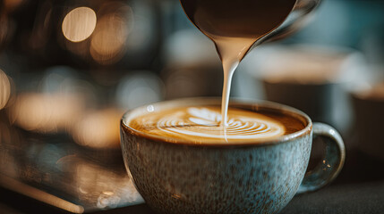 Steaming milk being poured into a cup of coffee to create latte art with a heart design 