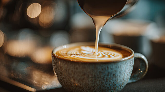 Steaming milk being poured into a cup of coffee to create latte art with a heart design
