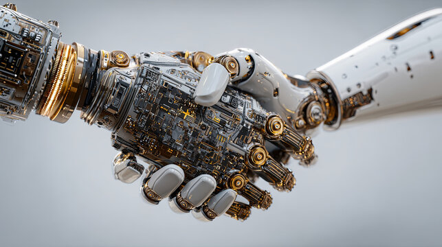 Human hand shaking with robotic hand, symbolizing collaboration between humans and artificial intelligence
