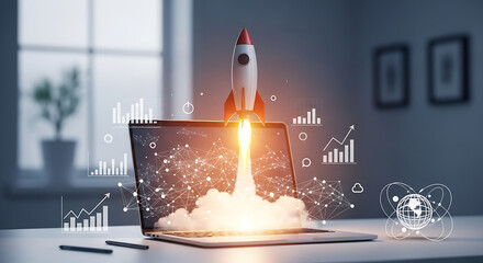 Rocket launches from a laptop screen amid data graphs and sparks in a modern workspace;dynamic vibe
