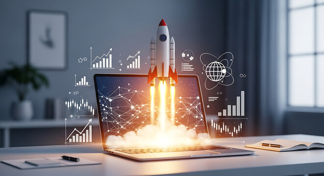 Rocket rises from a laptop on a desk, flames blazing beside floating holographic data icons, alive.