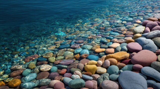 A colorful collection of pebbles and rocks on a rocky beach, with a clear blue ocean in the background.