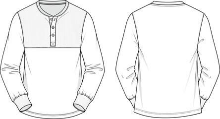 Men’s long sleeve henley t-shirt flat sketch, front and back technical drawing, fashion design template, apparel CAD vector illustration