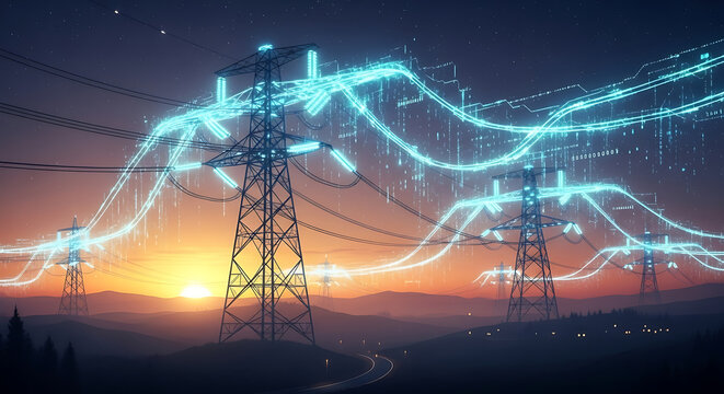 Sunset silhouettes towering pylons as electric arcs braid the sky in futuristic blue. glowing veins