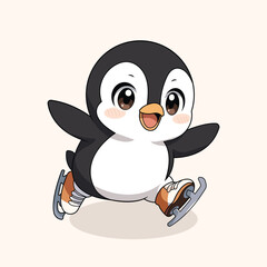 Obraz premium Cute and Adorable Penguin Playing Ice Skating, Fun Winter Animal Cartoon Illustration