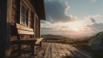 Rustic wooden cabin porch at sunset