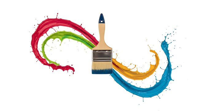 A paintbrush with blue tipped bristles surrounded by colorful paint splashes on a white background art