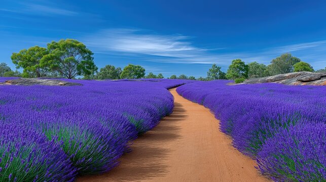 A Winding Dirt Path Through Vast Fields Of Vibrant Purple Lavender Under A Bright Blue Sky With Lush Green Trees In The Background And A Distant Stone Wall On A Sunny Day