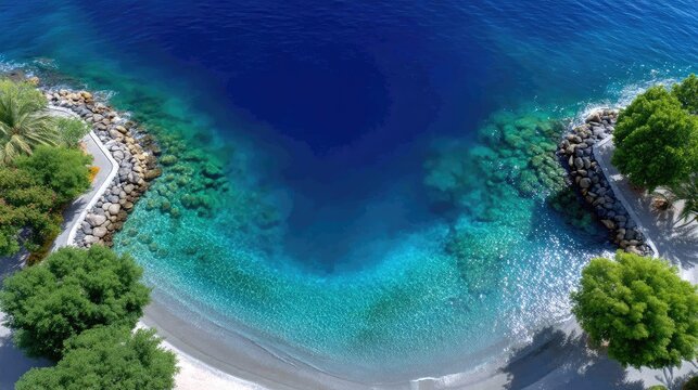 Aerial View Of A Deep Blue Lagoon With Sunlight Sparkling On The Turquoise Water Revealing A Circular Coral Reef Below Lush Green Trees And Rocky Shoreline