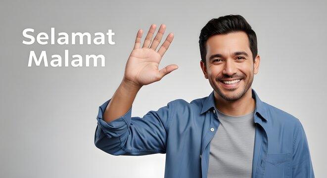 A friendly man with dark hair and a blue shirt smiles and waves his hand in a gesture of greeting or welcome against a neutral background, conveying a sense of warmth and approachability
