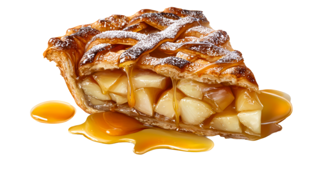 Slice of warm apple pie with golden caramel sauce and powdered sugar