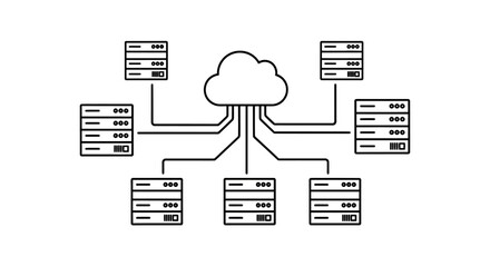 A cloud computing network diagram showing servers connected to a central cloud system with multiple connection lines.