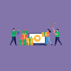 An illustration shows a man holding a tablet and pointing at a gift box with a laptop, another woman carrying a gift box, and a man with his hands up.