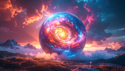 A vibrant, cosmic orb floating in the ethereal sky over mountains