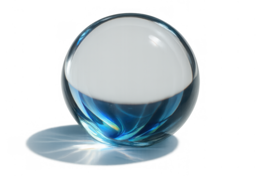 Glass sphere casting light and shadow with abstract blue swirl, perfect for concepts, isolated on transparent background