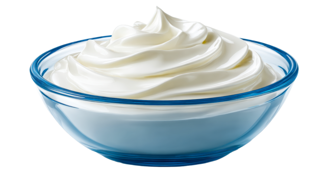 Cream swirl in clear blue glass bowl