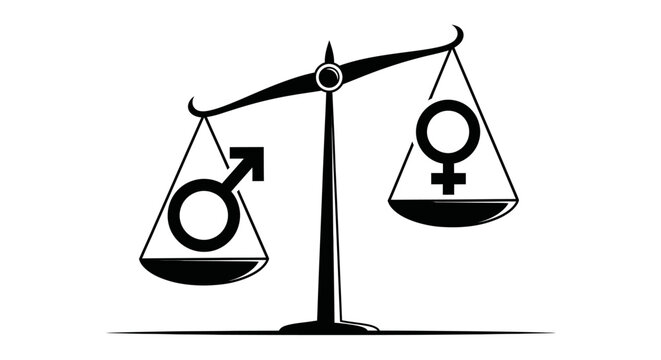 Scales of justice showing gender symbols for male and female, representing equality and balance.