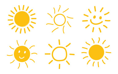 Handdrawn doodle sun icon symbol. Kid friendly playful sunshine vector illustration. Summer symbol.